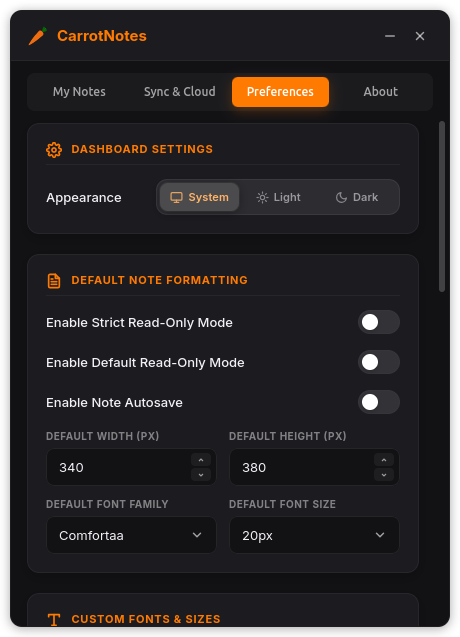 Dashboard — Preferences