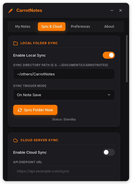 Dashboard — Sync and Cloud settings